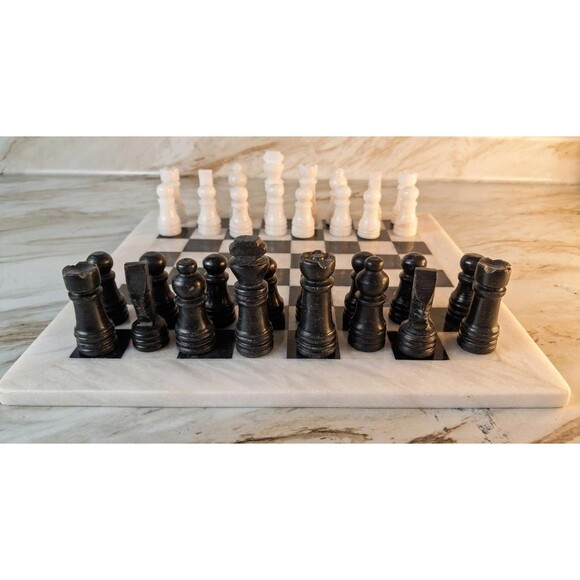 Handmade Marble Chess Set: 12" Black & White chess board & pieces,Christmas gift - Picture 8 of 16